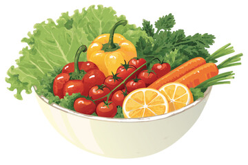 Flat realistic illustration of a vibrant mixed salad bowl with fresh greens, colorful vegetables, and a light vinaigrette.