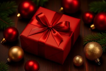 Red box with a red ribbon on top of a table with many red and gold balls