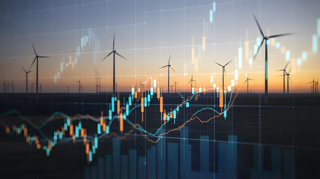 Wind turbines generate clean energy alongside dynamic stock market trends at sunset.