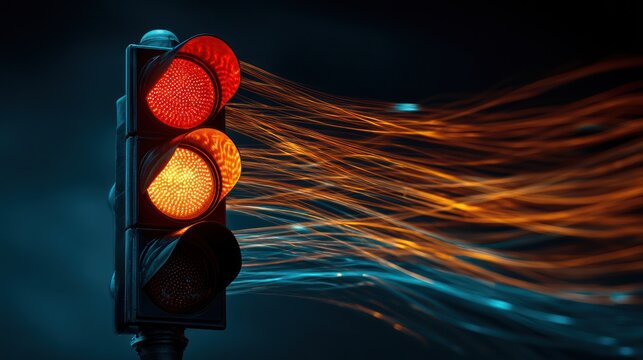 A traffic signal glows red and orange, with flowing light trails emerging from the side