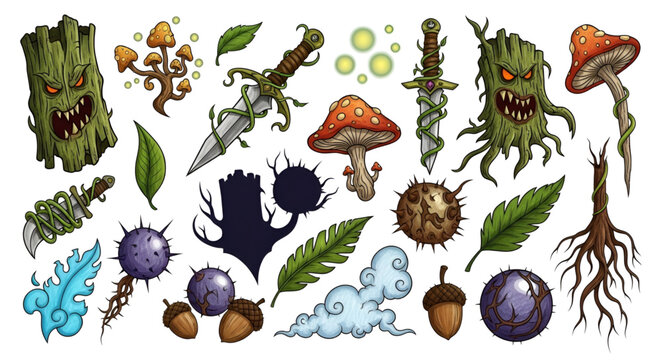Fantasy game assets collection tree monster mushroom sword leaf acorn cloud magic spikes roots
