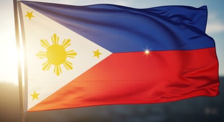 The National Flag of the Philippines Waving in the Sunlight.
