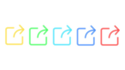 A vibrant set of five neon share icons with arrows pointing outwards, presented in a clean row on a white background, symbolizing connection and outbound links in a digital context, perfect for web de