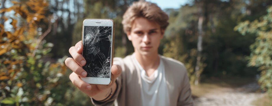 Young man holding smartphone with cracked screen outdoors, demonstrating broken mobile device and concept of damage, repair and technology failure in natural daylight. Selective focus.