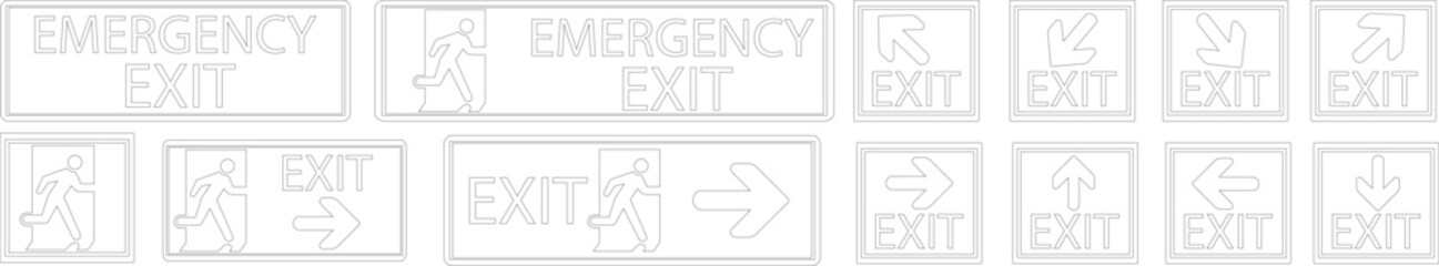 Emergency Exit line art Icon set.illustration of running man and exit door sign. Escape and evacuation symbol.Various exit sign isolated white background.Evacuation and relocation of people to safety.