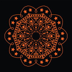 Intricate orange mandala design with star accents on a black background