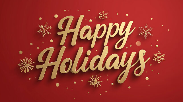 Happy holidays greeting card red background with gold snowflakes art