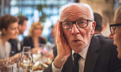 Elderly man with glasses listening intently during a lively dinner conversation, surrounded by blurred people and warm restaurant atmosphere.