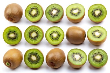 Fototapeta premium Row of kiwi fruit with the slices cut out