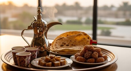 Traditional Omani hospitality with steaming Arabic coffee, halwa, luqaimat, and bread.