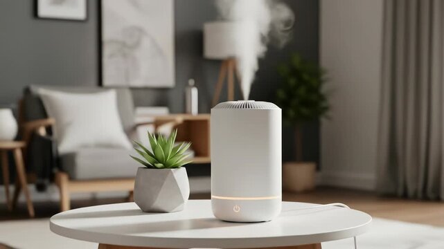 A serene living room scene features a humidifier releasing mist, plant, table, and soft lighting