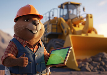 Anthropomorphic beaver builder character in a hard hat holding a tablet on a construction site with a bulldozer