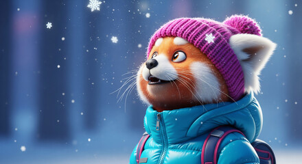 Cute anthropomorphic red panda character in a winter hat and jacket looking at falling snowflakes