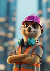 Anthropomorphic meerkat engineer character in a hard hat and safety vest with headphones on a city construction site