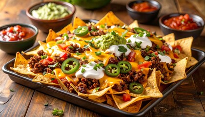 Loaded nachos topped with ground beef, melted cheese, jalapeños, sour cream, and fresh herbs, served with bowls of guacamole and salsa