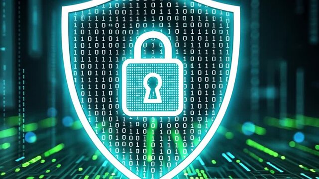 Digital shield icon with padlock securing information, representing network safety, data protection, and privacy in a cyber environment
