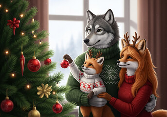 Illustrated anthropomorphic wolf and fox family with a child decorating a christmas tree together at home