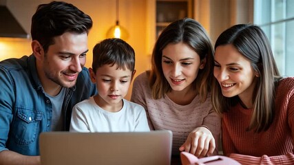 Happy family exploring online financial options on a laptop with a piggy bank, planning budget and managing savings together at home