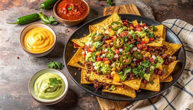 Loaded nachos topped with melted cheese, jalapeños, beans, and sour cream, surrounded by bowls of guacamole, salsa, cheese, and dips on a rustic wooden table - Powered by Adobe