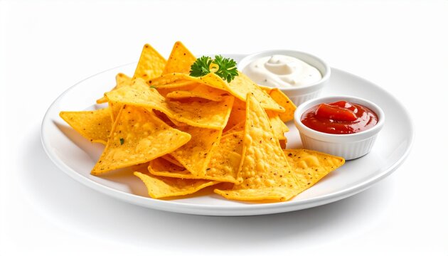 Crispy tortilla chips served with guacamole, salsa, and ketchup dips on a white plate