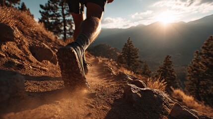 Individual Running on Rocky Trail at Sunset with Dust and Scenic Mountain Background