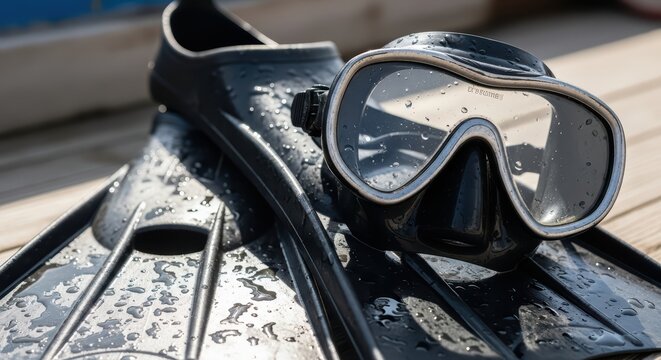 Diving gear: black snorkel mask and flippers with water droplets on wooden deck