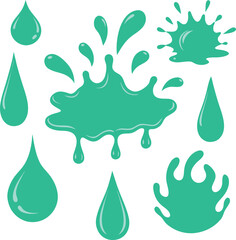 Green liquid drops, drips, and splashes vector set