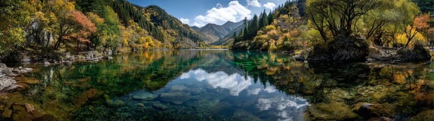 Idyllic autumn vistas at jiuzhaigou's five flower lake. Bright colors. Autumn's splendor unfolds at the five flower lake of jiuzhaigou. Modern style. Creative poster.