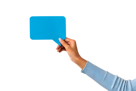 hand holding an empty conversation ball for a mockup. Isolated shot on a transparent background, png