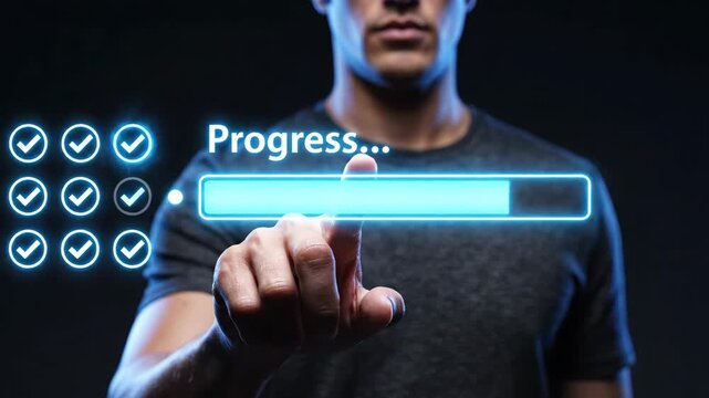 Man touching digital progress bar with completion steps and check marks representing development and achievement.