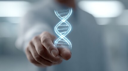 Human hand touching a glowing holographic dna double helix, symbolizing genetic research, biotechnology innovation and future medical and molecular science advancements