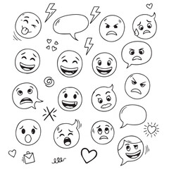 Collection of hand drawn doodle emoticons expressing various emotions and speech bubbles
