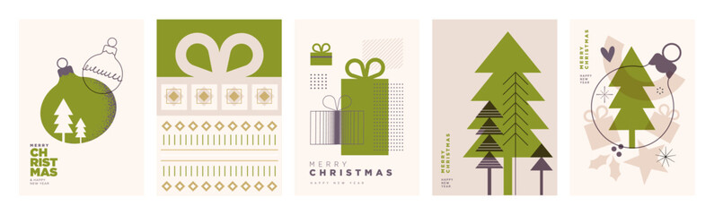 Naklejka na ściany i meble Modern abstract Christmas and New Year cards for business and personal use. Vector illustrations for holiday greeting card, background, website and social media banner, marketing material.