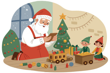 Whimsical festive illustration of Santa Claus reviewing his naughty and nice list, assisted by diligent elves, surrounded by toys and festive decorations, capturing holiday cheer.