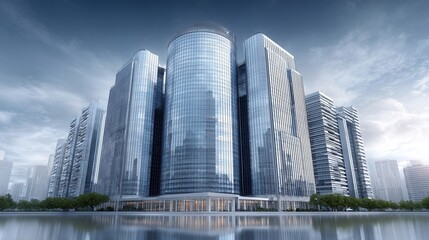 Obraz premium Modern corporate office building with mirrored facade in urban landscape photorealistic architecture professional environment