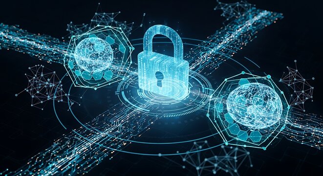 Cybersecurity Network Protection - Digital Lock and Global Data Security. - Powered by Adobe