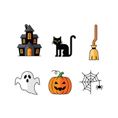Flat vector illustrations depicting various Halloween scenes — from haunted houses and trick-or-treat streets to festive parties and spooky forests. Designed in a clean flat design style with bold ora
