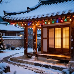 눈내린한옥마당의크리스마스저녁풍경