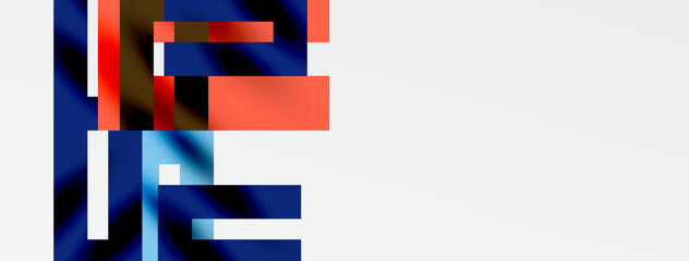 Abstract geometric shapes dominate image. Blue, red, brown hues blend, creating modern visual composition. Minimalist design.