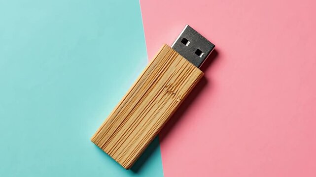 Bamboo USB flash drive resting diagonally on a split blue and pink background, symbolizing digital data storage and eco-friendly technology