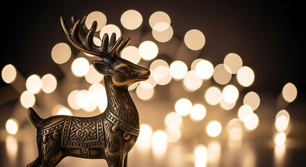 Elegant bronze reindeer figurine illuminated by a soft golden bokeh background