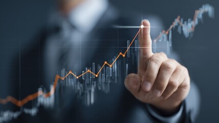 Businessman analyzing rising graph with touchscreen technology for financial growth