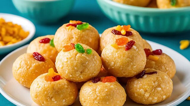 Traditional Indian laddu sweets, garnished with colorful dried fruits, arranged on a white plate on a vibrant blue background