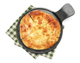 Cut delicious Megrelian khachapuri isolated on white, top view