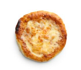 One delicious Megrelian khachapuri isolated on white background, top view