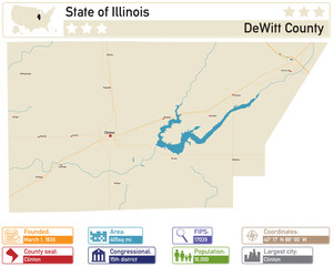 Detailed infographic and map of DeWitt County in Illinois USA.
