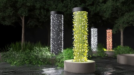 Dark park setting with illuminated vertical columns