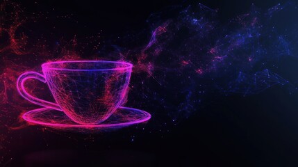 Abstract coffee cup and saucer, glowing with vibrant pink and purple light, surrounded by swirling particles of light