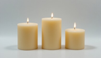 Three unbranded candles arranged in a row, different sizes, white background, soft shadow and even light.