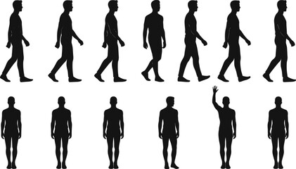 Human silhouette sequence, walking motion, standing poses, black figure illustration, posture study, animation reference, gesture design, white background, anatomy